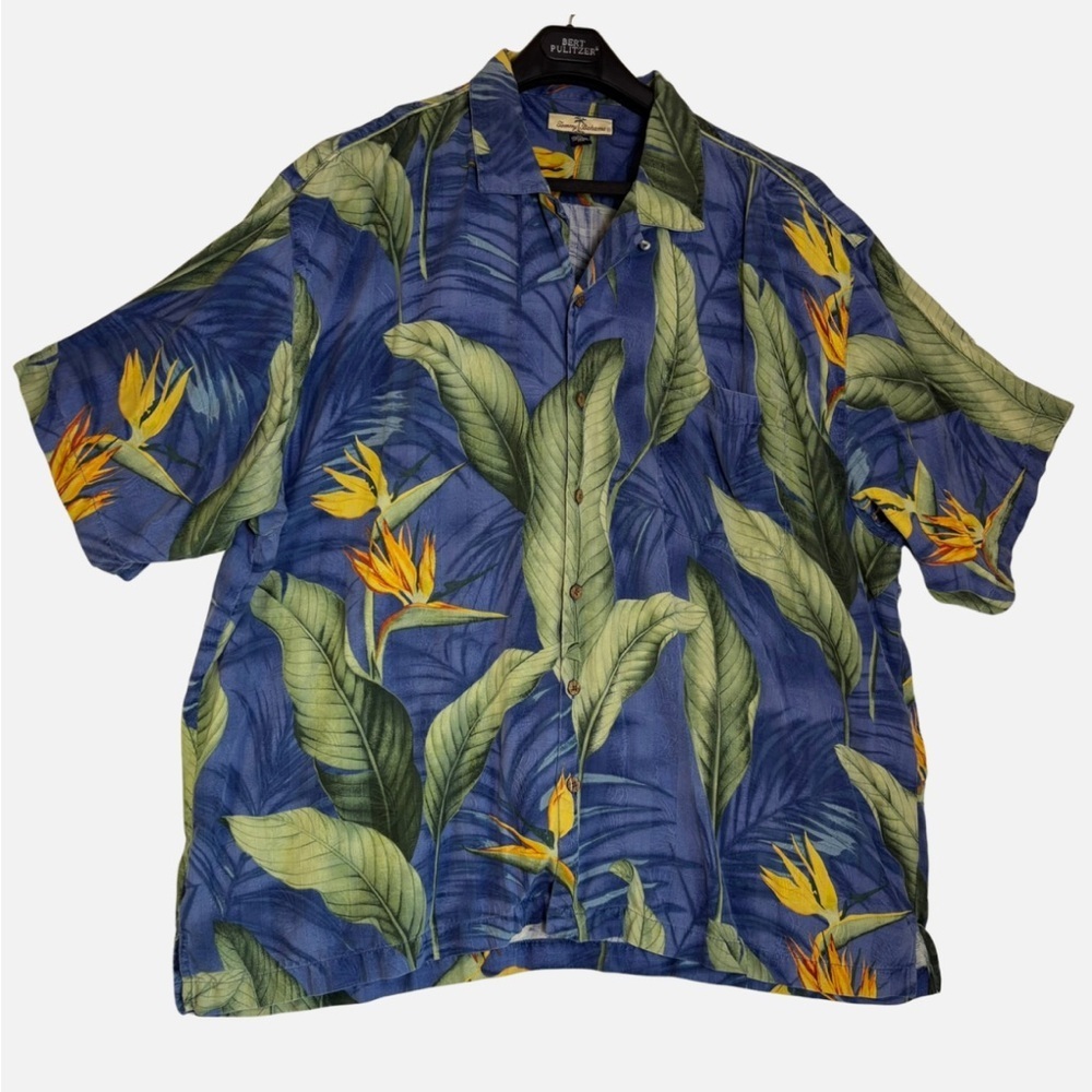 Tommy Bahama 100% Silk Shirt Men 2XL Blue Hawaiian Camp Relaxed Beach